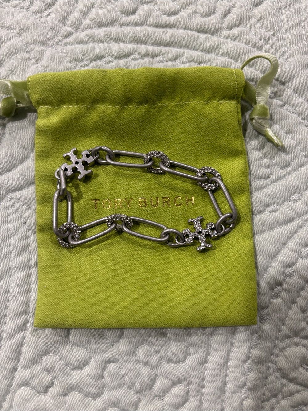 Tory Burch Silver Pavé Logo Link Bracelet